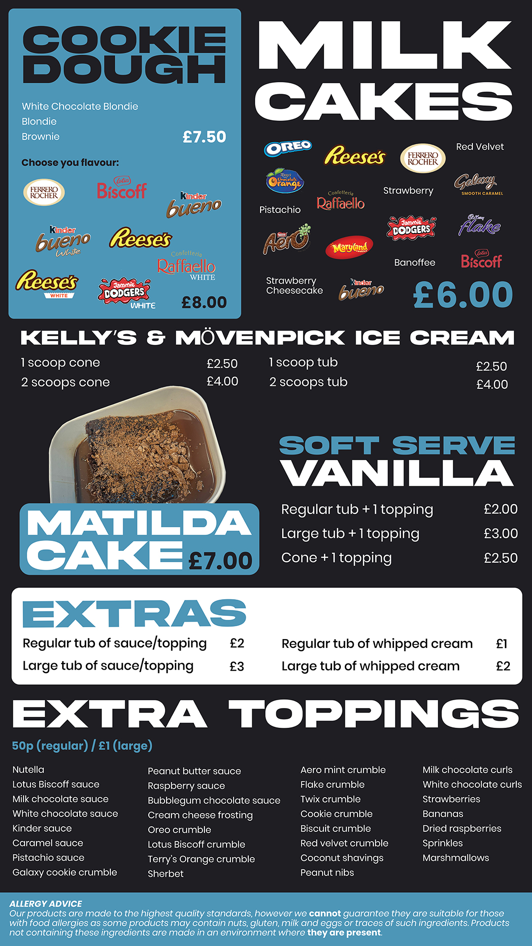 Ice city dessert menu cookie dough, milk cakes