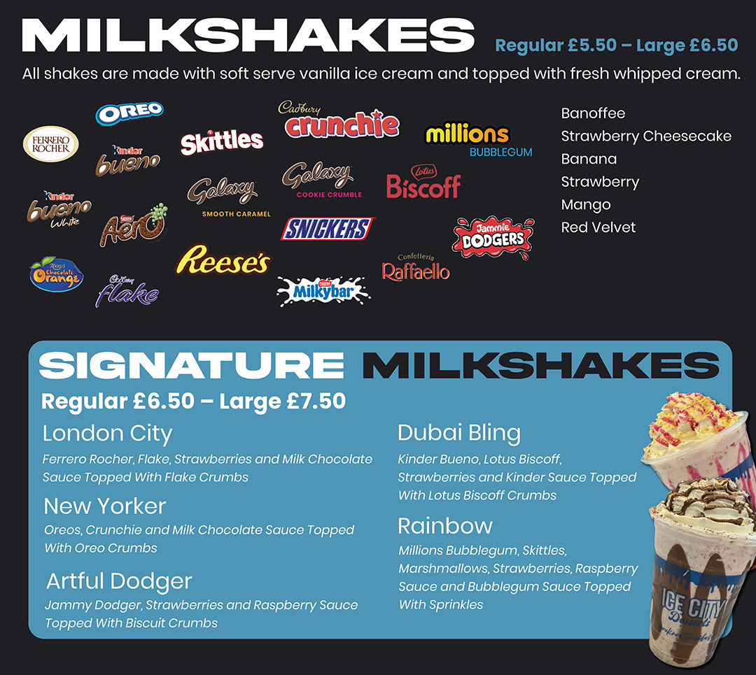 Ice city dessert menu milkshakes
